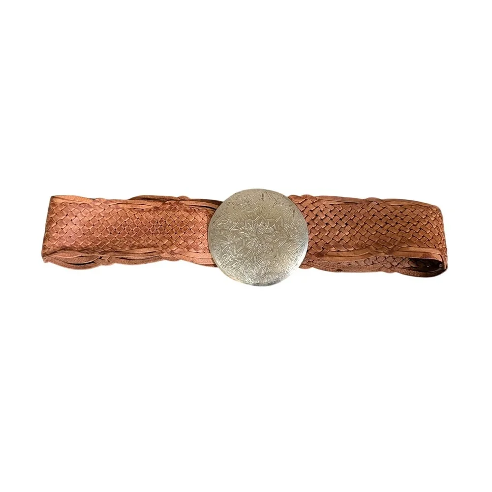 Vintage Western Braided Leather Belt Tan Wide Woven Silver Medallion Concho